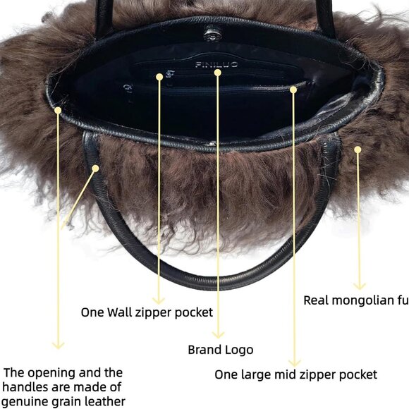 Women Luxury Real Lamb Mongolian Flush Wool Fur With Genuine Leather Handles Han - Picture 5 of 9